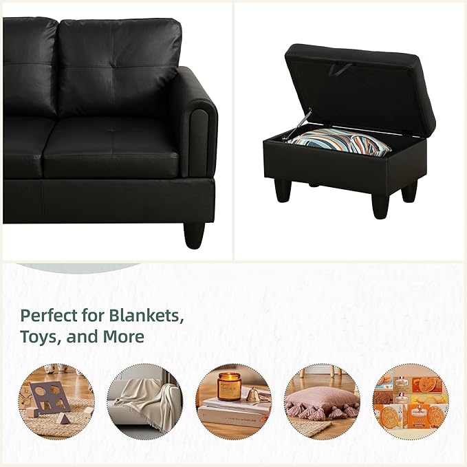L Shaped Sectional Couches for Living Room, Modular Sectional Sofa with Ottoman Storage, Modern Comfy 4 Seat L Shaped Couch with Chaise for Bedroom Apartment Furniture, Black