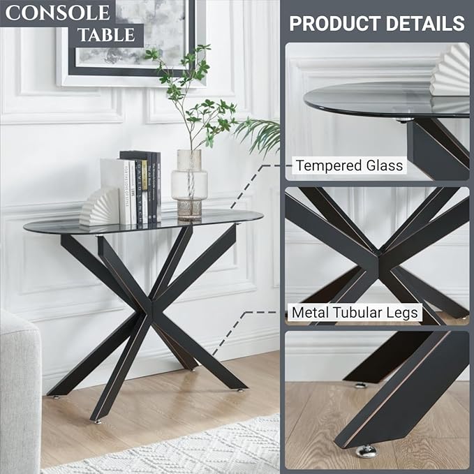 Modern Glass Oval Console Table, Entryway Hallway Narrow Sofa Table, Entrance for Entryway, Living Room, Foyer, Hallway, Office， 45" Lx18 Wx30 H Black
