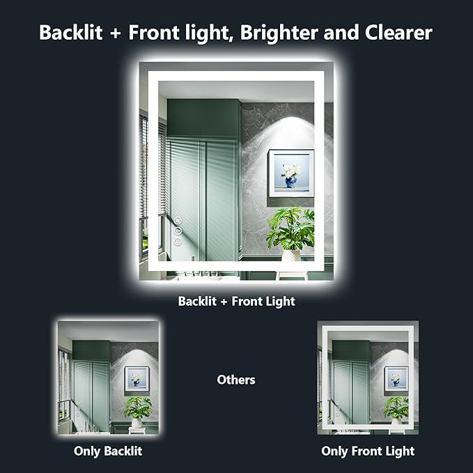 24x30 Inch LED Bathroom Mirror with Lights Front and Backlit Lighted Vanity Mirror for Bathroom Wall with 3 Colors Dimmable Anti-Fog Memory Shatter-Proof IP54 Waterproof Horizontal/Vertical