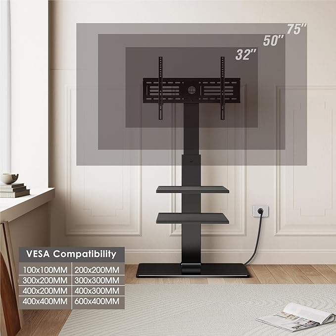 FITUEYES Floor TV Stand for 32-75 inch TV with Power Outlet, Tall TV Mount for Bedroom Living Room with Tempered Glass Base, TV Stand with Mount Holds Up to 88lbs MAX VESA 600x400mm,Black