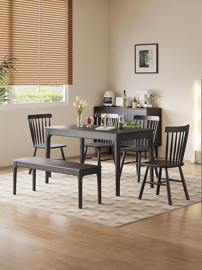 Dining Bench, Wood Bench Solid Oak Wooden Bench Indoor Dining Room Table Home Bedroom Bed End Restaurant Modern Hallway Furniture (Black, 60" W x 13.8" D x 17.7" H)
