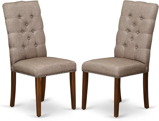 East West Furniture ELP3T16 Elsa Parson Dining Chairs - Button Tufted Nailhead Trim Dark Khaki Linen Fabric Upholstered Chairs, Set of 2, Mahogany