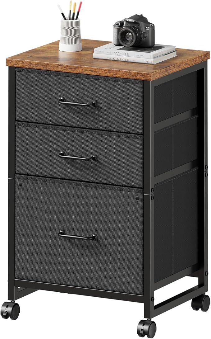 3 Drawer Mobile File Cabinet with Wheels Fabric Vertical Filing Cabinet fits A4 or Letter Size for Home Office,Rustic Brown