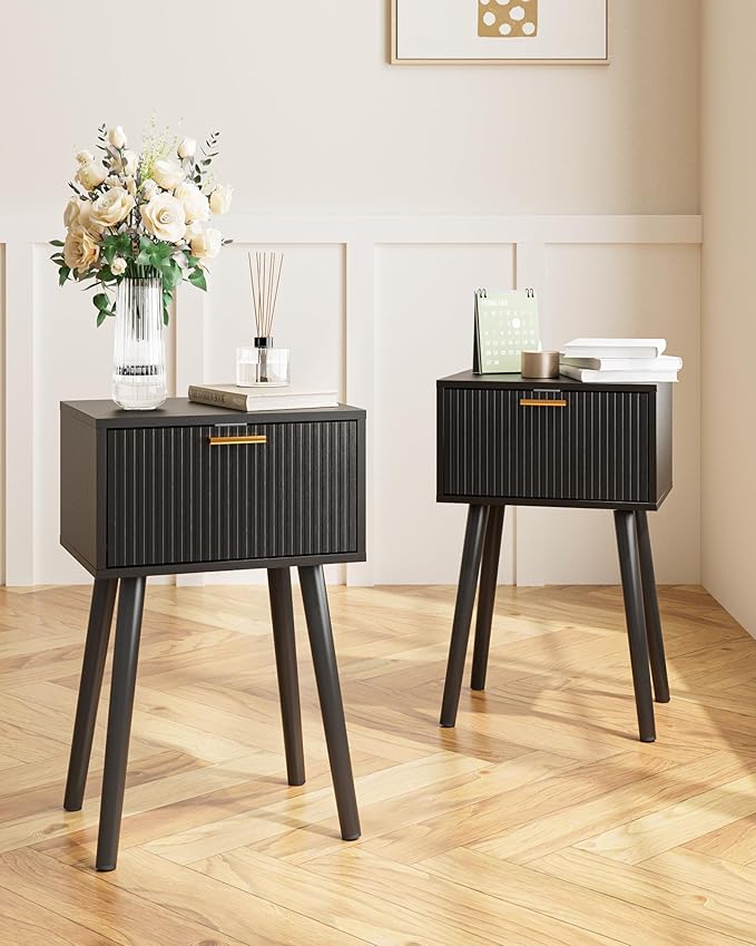 Night Stand Set 2, Black Nightstand with Fluted Doors, Small Modern Mid-Century Bedside Table for Bedroom, End Table for Living Room