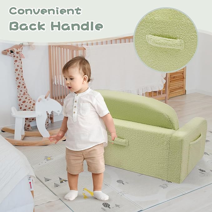Extra Wide Kids Couch, 2-in-1 Soft Toddler Couch with Blanket, Comfy Toddler Chair, Convertible Sofa to Lounger with Cute Colorful Rainbow Design, Green