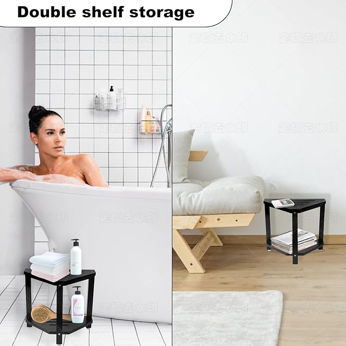IBosins Corner Shower Stool with Storage Shelf Shower Foot Rest for Shaving Legs Small Bench for Inside Shower to Sit on Bath Seat - Acacia Wood, Black