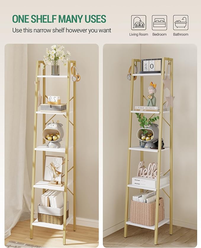 Ladder Shelf, Bookshelf Bookcase, Freestanding Corner Storage Shelve with 2 Hooks for Home Office, Living Room, Kitchen, Bedroom, Industrial, 5-Tier White Gold BC03213G