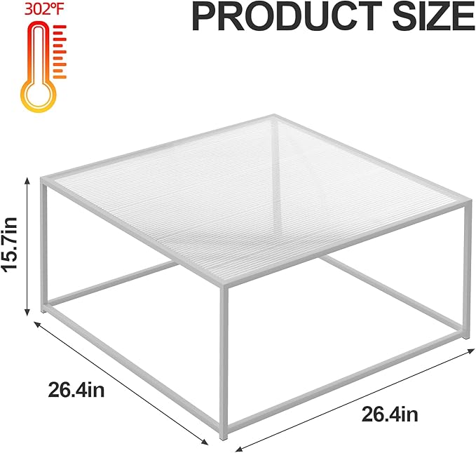 Glass Coffee Table Square Coffee Table for Small Space,Modern Minimalist Center Table for Living Room Home Office,Tempered Glass-top with Sturdy Metal Frame,Easy Assembly,27 x 27In, White