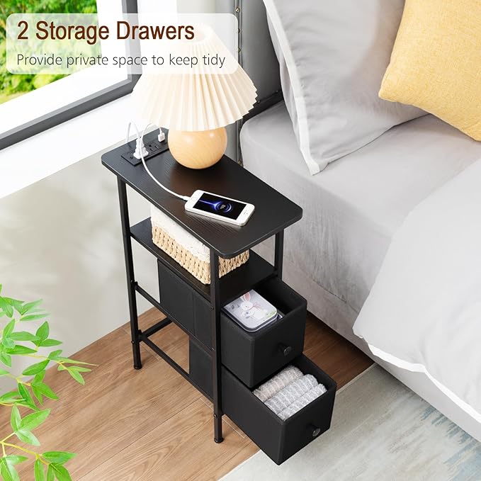 Narrow End Table Living Room with Charging Station, Skinny Side Table with Fabric Drawers, Slim Nightstand for Bedroom, Small Spaces, Couch, Black, HETNDP02BK-1