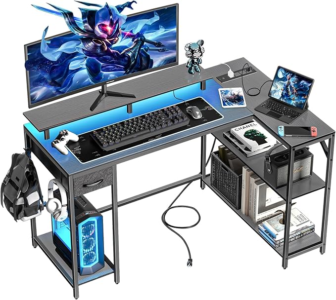 47" L Shaped Computer Desk with Power Outlet & LED Light, Gaming Desk with Hook & Monitor Stand, Reversible L Shaped Desk with Drawer and Storage Shelves for Home Office