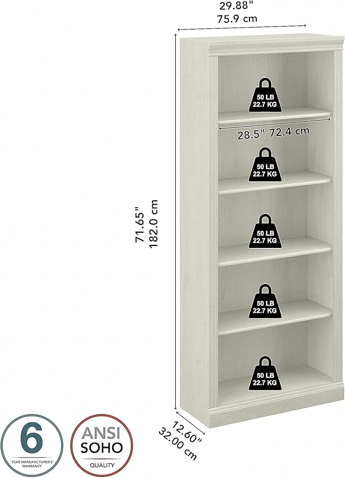 Bush Furniture Saratoga Tall 5 Shelf Bookcase in Linen White Oak, Home Office Organizer, Vertical Storage Solution for Books and Office Supplies, Tall Bookshelf