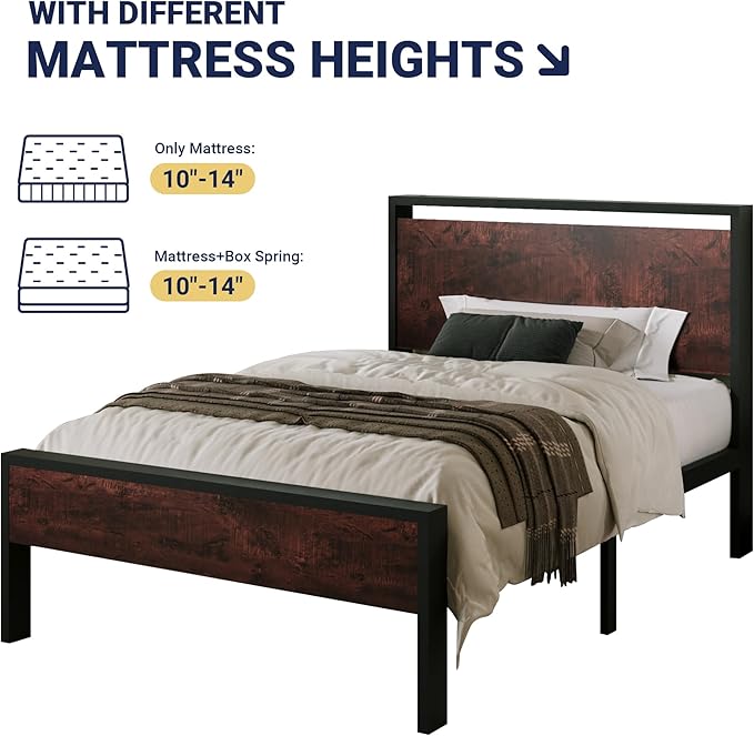 Allewie Twin Size Platform Bed Frame with Wooden Headboard and Footboard, Heavy Duty Metal Slats Support, No Box Spring Needed, Under-Bed Storage, Noise Free, Easy Assembly, Mahogany