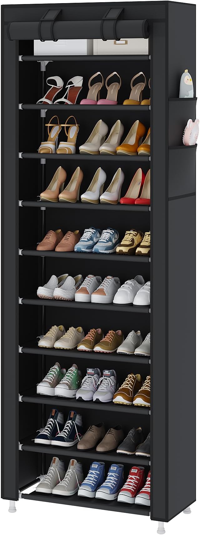UDEAR 10-Tier Free Standing Shoe Rack Sturdy Shoe Rack Organizer for Closet Entryway Stackable Shoe Shelf with Dustproof Cover,Black