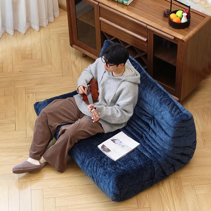N&V Fireside Chair, Mid Century Armless Floor Sofa, Soft Premium Chenille Floor Lounge Chair, Foam Sofa Accent Chair for Living Room Bedroom and Office (Blue, Loveseat)