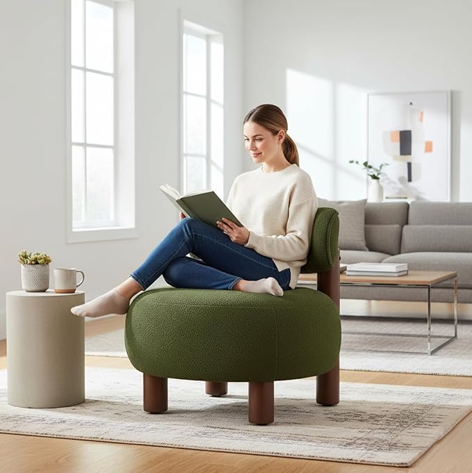 Modern Boucle Accent Chair Set of 2, with Plush Faux Sherpa Upholstery, Curved Backrest, Solid Wood Legs for Living Room Bedroom Reading Nook, 27.5", Green