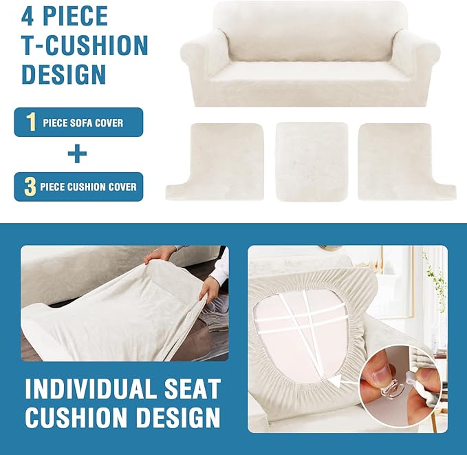 H.VERSAILTEX Sofa Cover 4 Piece T Cushion Sofa Slipcovers Thick Velvet Couch Cover Stretch T Cushion Sofa Covers for 3 Cushion Couch with 3 Individual T Cushion Covers, Porcelain