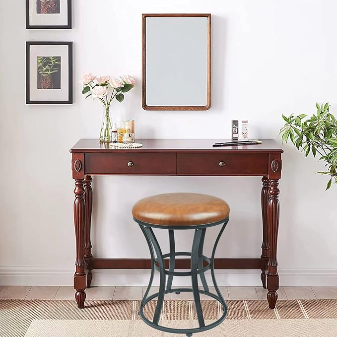 Vanity Stool Chair, Modern Dressing Stool for Makeup Vanity with Black Legs - Backless - Ottomans Round Seat, for Makeup Room, Bedroom, Bathroom, Living Room Accent Furniture Leather Brown
