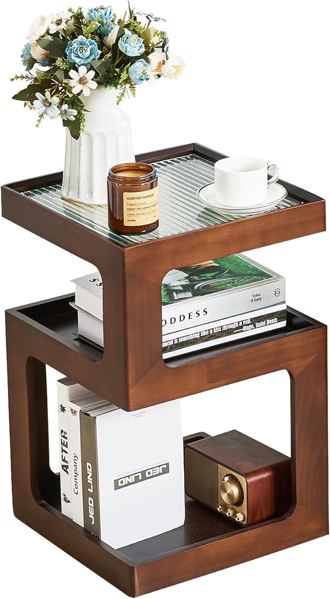 CozyDH 3-Tier End Table No Assembly Required, Modern Side Table 3-Tier Wood Nightstand for Small Spaces with Open Storage, Walnut Bedside Table for Bedroom