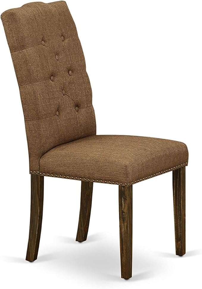 East West Furniture ELP7T18 Elsa Parson Chairs - Button Tufted Nailhead Trim Brown Linen Linen Fabric Padded Dining Chairs, Set of 2, Jacobean