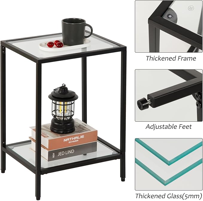 Modern 2-Tier Tempered Glass End Table - Stylish Black Metal Side Table for Small Spaces, Perfect for Living Room & Bedroom (Black, 2PCS)