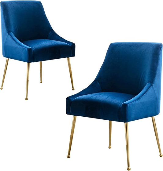 Modern Velvet Dining Chairs Set of 2, Contemporary Upholstered Furniture Collection with Polished Gold Metal Legs, Elegant Accent Chairs for Kitchen Living Room(Blue)