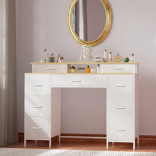 Dresser for Bedroom with 9 Drawers & 2 Open Shelves, Fabric Storage Dresser, Chest of Drawers, Long Dresser for Closet, Wooden Top & Metal Frame, Classic White