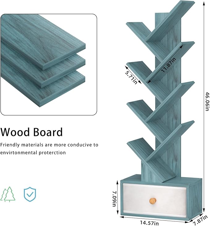 8 Tier Tree Bookshelf with Drawer, Free Standing Wood Bookcase for Narrow Space, Storage Organizer Bookshelves for Books, Book Case for Home Office, Living Room, Bedroom, Navy Blue