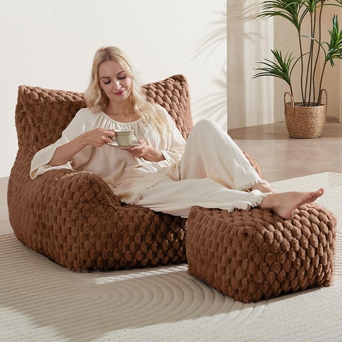 Bean Bag Chair with Ottoman - Modern Comfy Beanbag Sofa with Footrest, Soft Faux Fur Lounger Chair for Adults Teens, Cozy Memory Foam Filled Gaming Reading Chairs for Bedroom, Living Room (Brown)