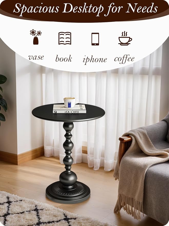 Side Table - 13.8" Round Small Accent Table with Metal Base, Multifunctional Vintage Coffee Table for Living Room, Bedroom, Office & Patio - Elegant Matte-Finished End Tables