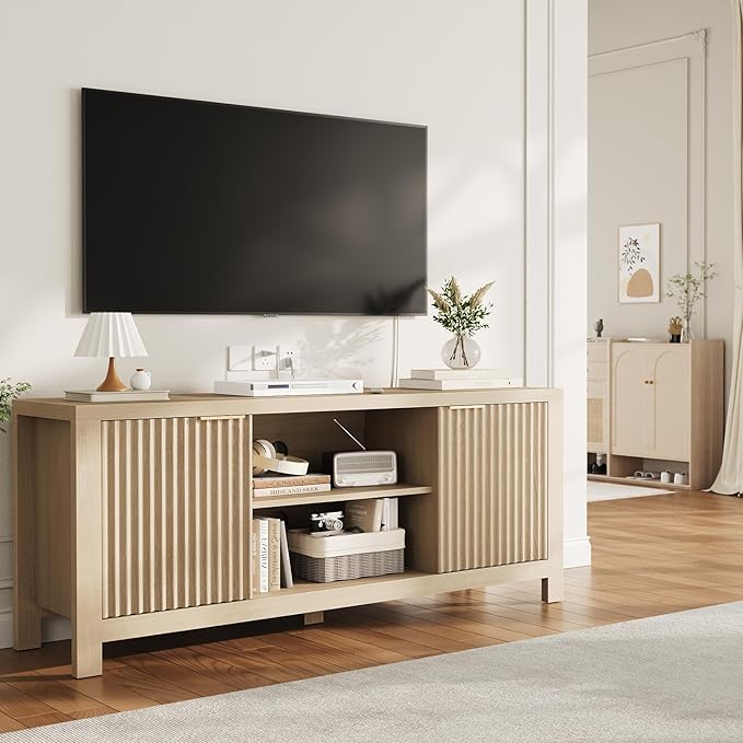 GarveeHome 59" TV Stand for TVs Up to 65 Inches, Mid Century Modern TV Entertainment Center with Storage Cabinets & Open Shelves, Wood TV Cabinet for Living Room, Oak