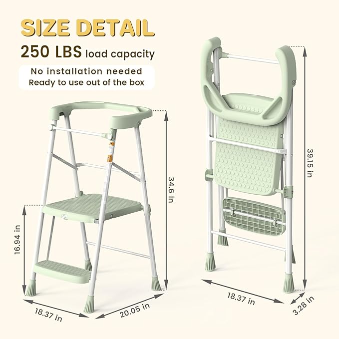 Kids Step Stool 2 Steps, Toddler Tower for Kitchen Counter Learning, Toddler Kitchen Stool Helper with Anti-Drop Safty Railing Kids Standing Folding Stepper, Green