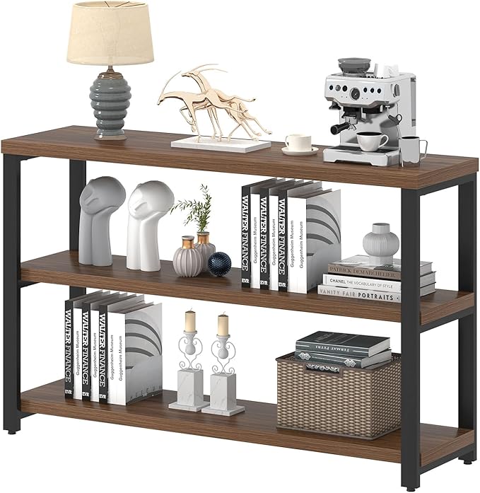 EXCEFUR 47" Entryway Table, Industrial Console Table for Living Room & Hallway, 3-Tier Storage Sofa Table Behind Couch, Walnut