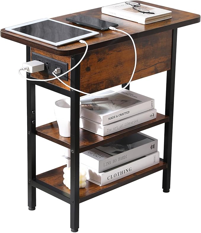 Modern End Table with Charging Station, Narrow Side Table with USB Ports & Outlets, Flip-Top Nightstand with Storage Shelf, Small Bedside Table for Living Room, Bedroom, Small Space,Rustic Brown