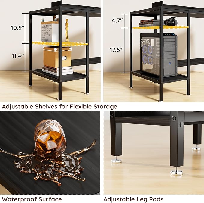 Computer Desk Gaming Desk with Monitor Stand, Home Office Desk Suitable for 2 Monitors, Writing Desk with Adjustable Storage Space,Sturdy and Durable Modern Small Desk (Black, 55 inchs)