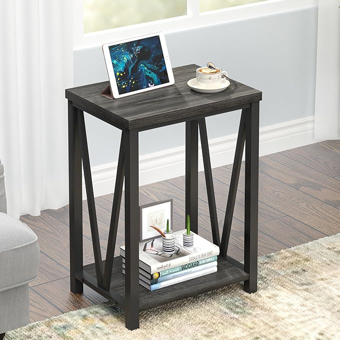 FOLUBAN Small Side Table, Rustic Wood and Metal End Table with Storage, Vintage Night Stand for Living Room Bedroom Office, Dark Gray