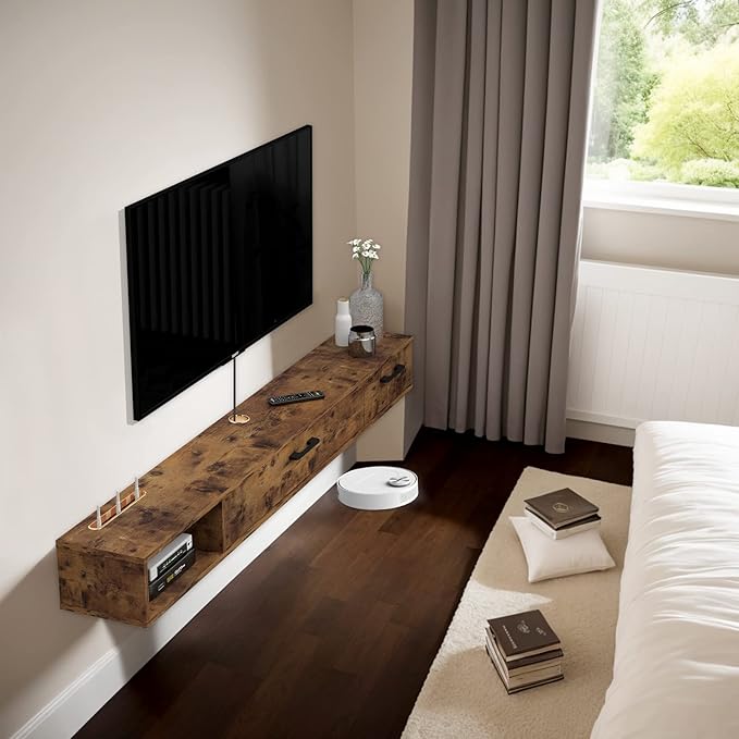 Pmnianhua Farmhouse Floating TV Stand with 2 Doors,55'' Under TV Shelf Floating,Wall Mounted TV Shelf,Rustic Floating TV Console for Under TV(Rustic Brown)