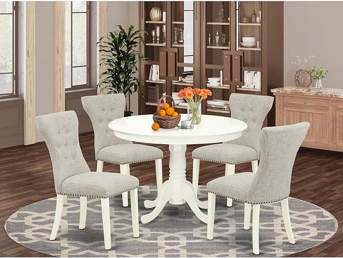 East West Furniture HLGA5-LWH-35 5 Piece Dining Table Set Includes a Round Dining Room Table with Pedestal and 4 Doeskin Linen Fabric Parsons Chairs, 42x42 Inch, Linen White