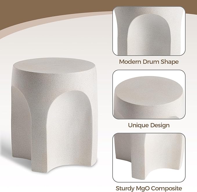 COSIEST Concrete Side Table Drum Shape,17''H Outdoor Side Table, Patio Accent Table Cement End Tables, Garden Decorative Stool, Plant Stand Drum Table, Spotted White