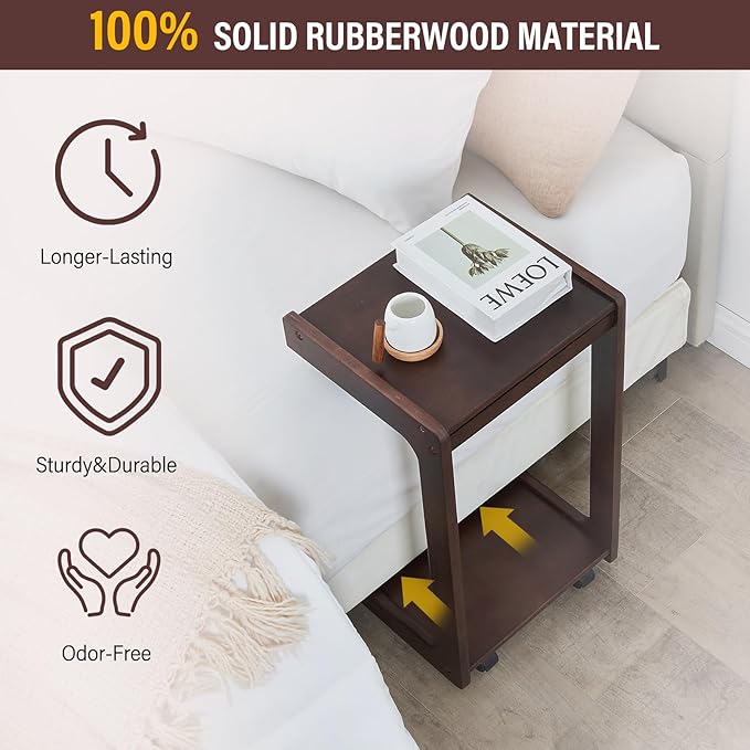 CozyDH C Shaped Solid Wood End Table, Rolling Side Table TV Sofa Tray Table for Eating,Multi-Purpose C Couch Arm Table, Small Coffee Table with Wheels Living Room Bedroom, Walnut