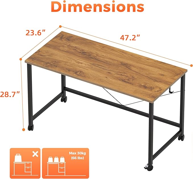 Computer Desk, Gaming Desk for Small Spaces, Modern Simple Style Table for Home Office, Study Student Writing Table (Caster, Light Antique, 48 inch)