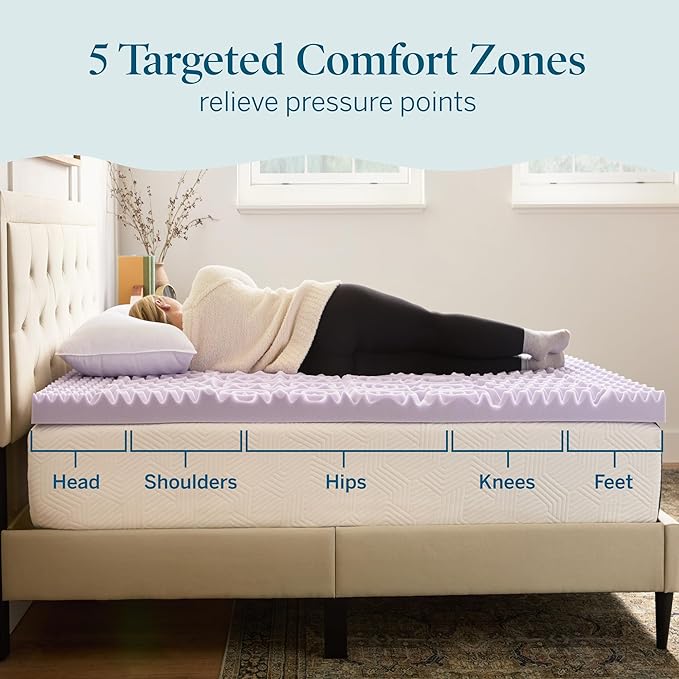 Lucid Lavender Infused 3 Inch Memory Foam Mattress Topper - California King Size - Plush Feel - 5 Convoluted Zones - CertiPUR Certified - New Home Owner & Dorm Room Essentials