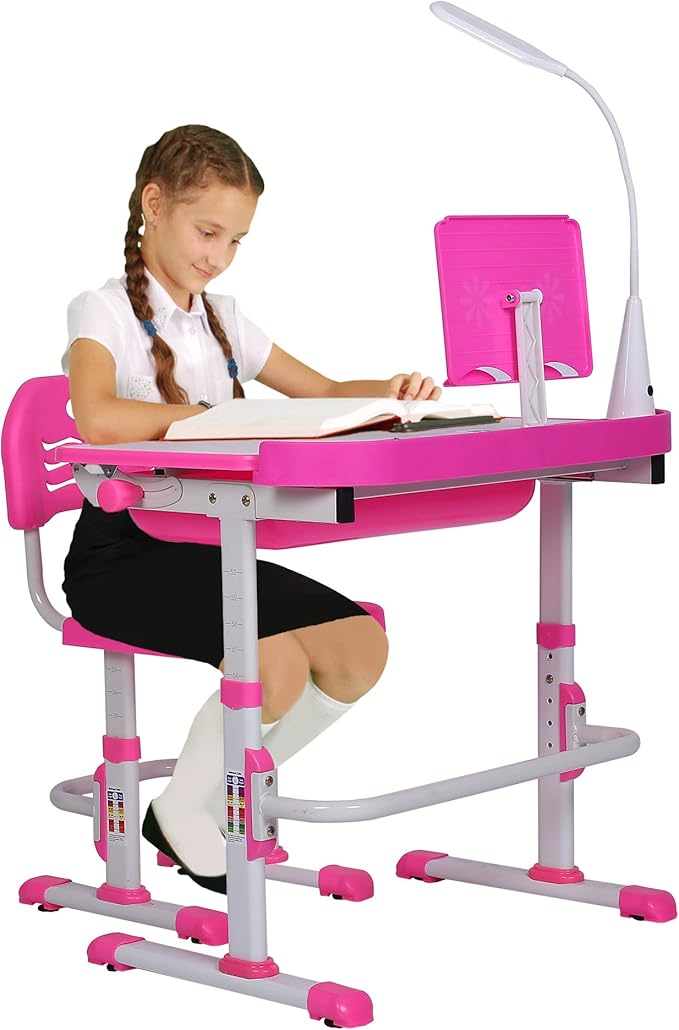 Kids Desk and Chair Set, Height Adjustable Child's School Study Writing Tables with Tilt Desktop, LED Light, Storage Drawer, Book Stand (Pink)