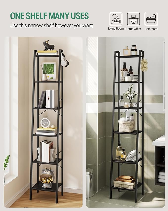 Ladder Shelf, Bookshelf Bookcase, Freestanding Corner Storage Shelve with 2 Hooks for Home Office, Living Room, Kitchen, Bedroom, Industrial, 6-Tier Black BC13304B