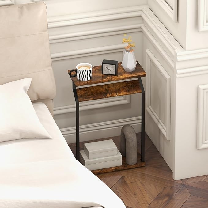 Narrow Side Table for Small Spaces, End Table for Couch, Slim Couch Tray Tables, Skinny Thin End Tables for Living Room, Bedroom, Rustic Brown