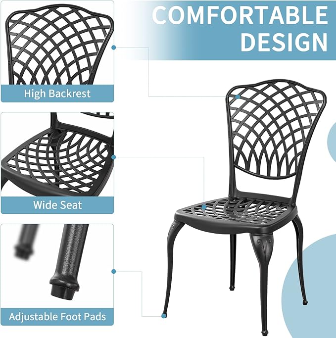 3 Piece Bistro Table Set Anti-Rust Outdoor Bistro Set Cast Alumiunm Patio Table and Chairs Set for 2, Patio Bistro Set Furniture Black