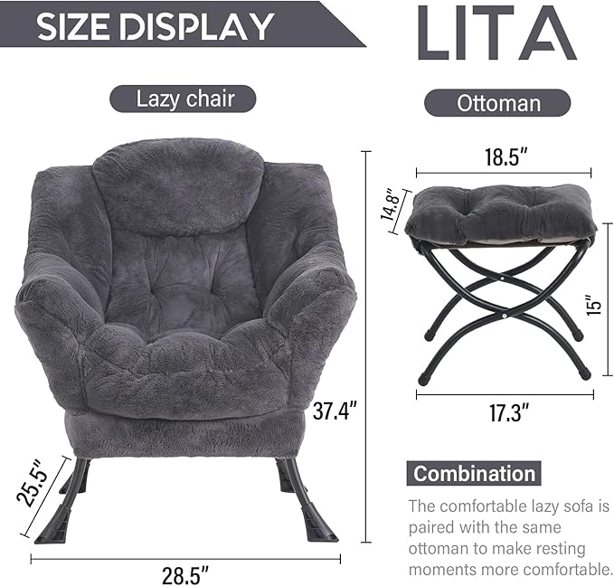 LITA Lazy Chair with Ottoman, Modern Accent Leisure Upholstered Sofa Chair, Lounge Reading Chair with Armrests and a Side Pocket for Living Room, Bedroom & Small Space, Plush Navy