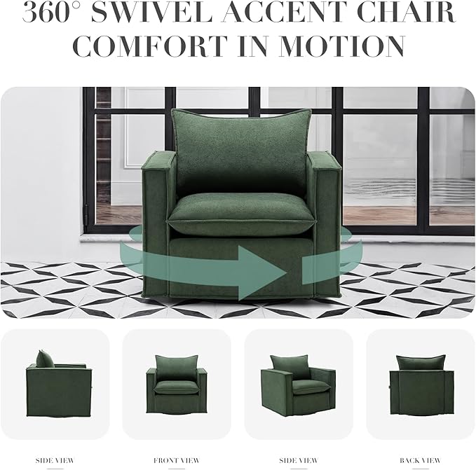 COLAMY Swivel Accent Chair, 34 Inches Wide Upholstered Arm Chair with Plump Back Pillow, Modern Sofa Living Room Chair for Bedroom, Corner, Reading Nook-Green