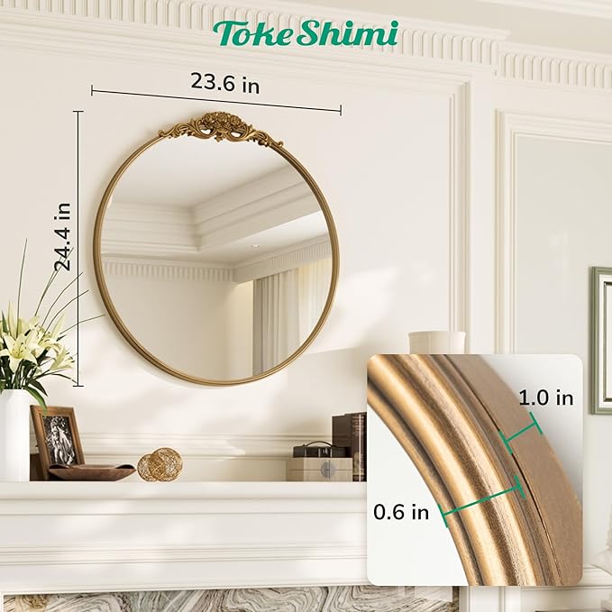 TokeShimi 24x24 Vintage Round Mirror with Metal Frame,Antique Round Gold Mirror for Wall,Bedroom,Fireplace,Baroque Vanity Mirror Wall-Mounted French Cleat Mounting