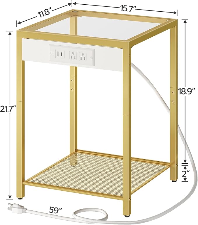 HOOBRO Side Table with Charging Station, Set of 2 End Tables with USB Port, Nightstand for Tight Spaces, Tempered Glass, Modern Metal Frame, for Office, Bedroom, Living Room, Gold GD76UBZP201