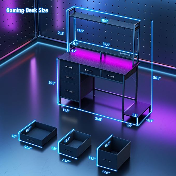 Computer Gaming Desk with Hutch, Home Office Desk with Power Outlets, LED Light, 5 Storage Drawers, 2 Tiers Shelves for Display, 39 Inch Modern Study Writing Table for Bedroom, Black